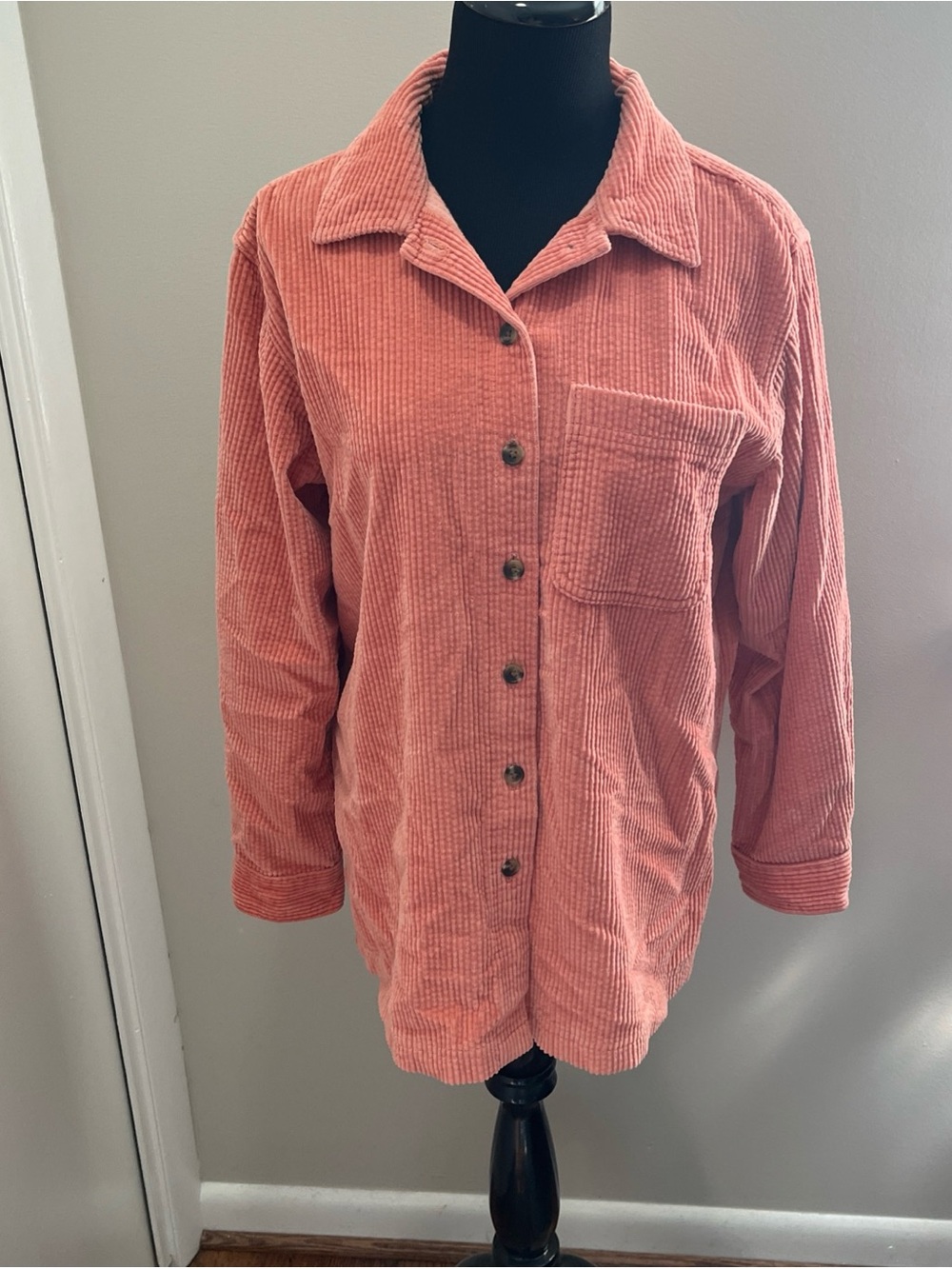 Vintage LL Bean Button Front Corduroy Shirt Size S Long Sleeve Pink Cotton Retro